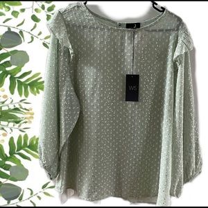 Light Sage Green| sheer shirt| shoulder ruffle|elastic wrist| green and gold top